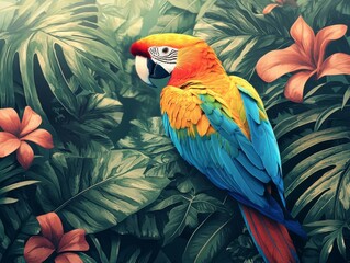 Fototapeta premium Vibrant Macaw Among Tropical Leaves and Exotic Flowers