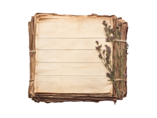 vintage notebook tied and dried flowers on a transparent background