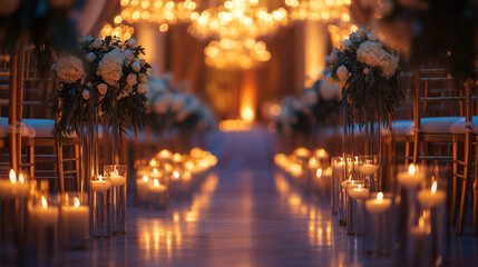 Romantic Wedding Aisle Candles Flowers Elegant Decor Ceremony love gold onyx warm glow path event   