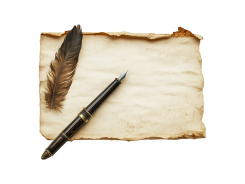 blank sheet of old paper with vintage pen on transparent background. old paper transparent background