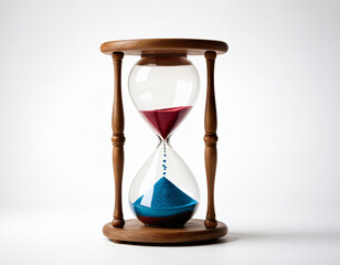 A transparent hourglass filled with vibrant paint instead of sand, slowly dripping from the top chamber to the bottom, creating a visually striking artistic effect on a clean white background.