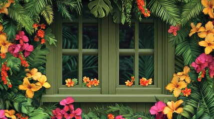 A tropical bungalow window adorned with exotic orchids and jungle foliage