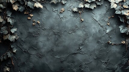 Obraz premium A gray textured wall covered by old, dry ivy plant vines, creating a creepy Halloween dark background texture and a gray autumn nature backdrop.