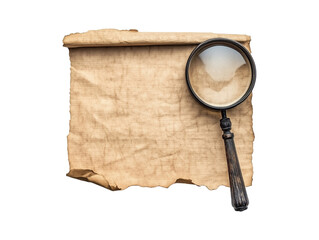 blank sheet of old paper with magnifying glass on transparent background. old paper transparent background