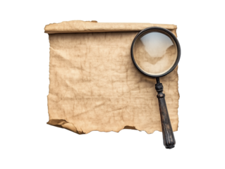 blank sheet of old paper with magnifying glass on transparent background. old paper transparent background