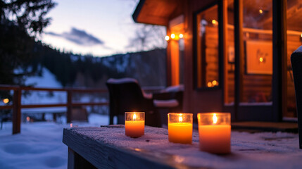 Cozy Winter Cabin Candles Snow Evening Relaxation Warmth fire home calm light peace quiet night     