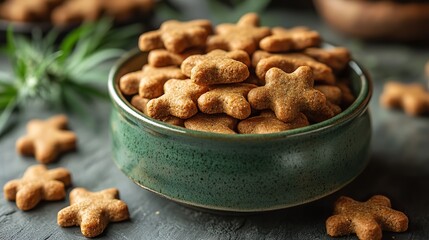A green bowl with CBD dog treats and a hemp leaf promotes cannabis-based pet care and alternative medicine.