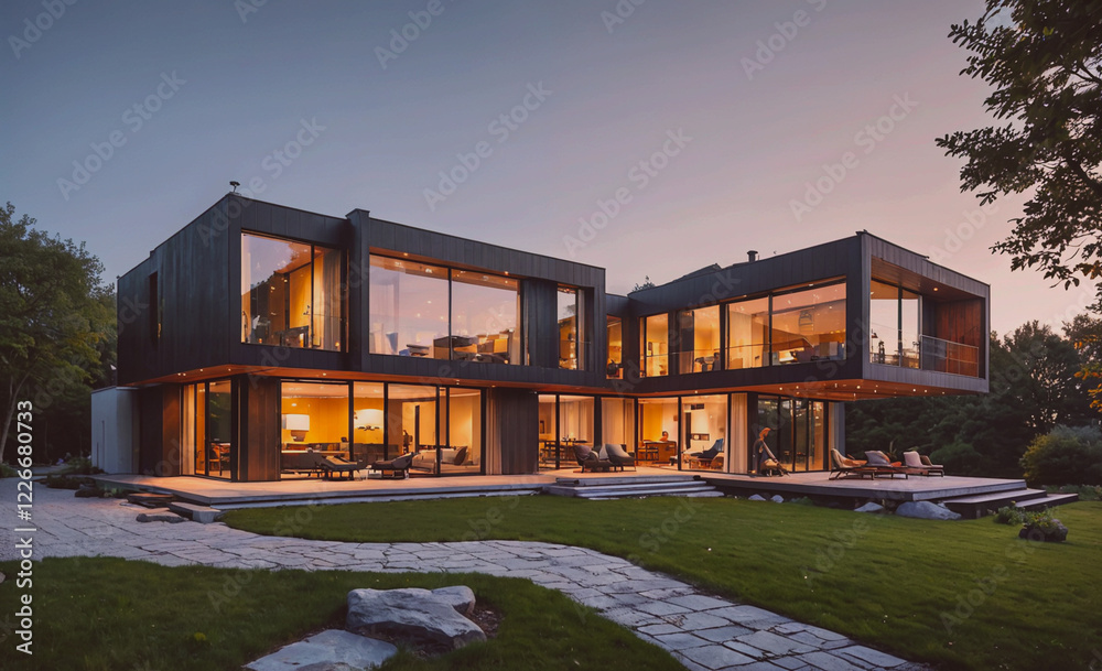 Aufkleber a large house with a lot of windows and a walkway leading to it. the house is surrounded by a lush g