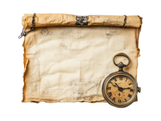 antique scroll of paper and vintage old clock on transparent background. old paper transparent background