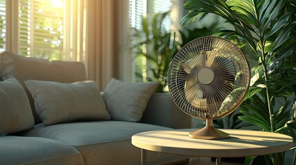 Fan cools living room; sunlight shines, plant accents. Interior decor scene