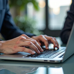 Las manos de un hombre trabajando con su computadora portátil en la oficina