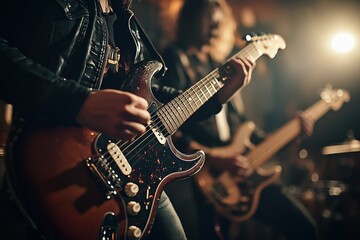 Naklejka premium Rock group playing live with guitarist in focus bass player and drummer in the background close-up
