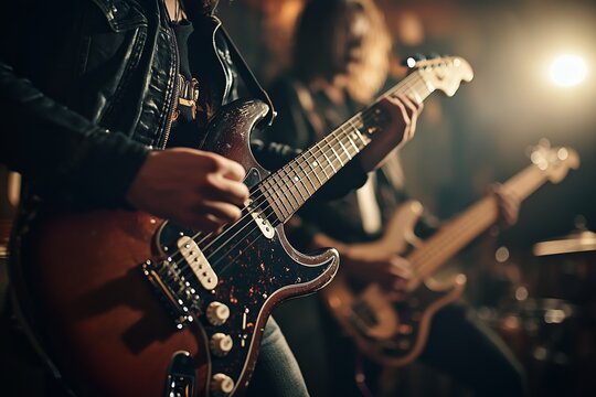 Rock group playing live with guitarist in focus bass player and drummer in the background close-up