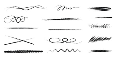 Hand drawn crayon brush set. Underline elements in doodle style. Collection of lines, wavy chalk scribble, colors highlight pencil. Grunge kids brushstroke for sketch. Isolated vector illustration.