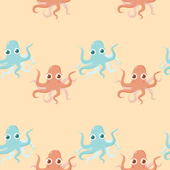 Vector seamless pattern with blue and orange octopuses on a yellow background. Colorful cute pattern for children about swimming and sea creatures. Suitable for children's design, wallpaper, fabric. 