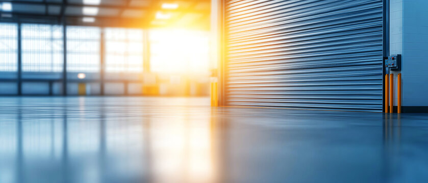 Modern warehouse interior with sunlight reflecting on polished floors and closed shutter door. - Powered by Adobe