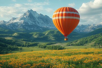 Fototapeta premium 3D render of a hot air balloon flying over a green meadow with yellow flowers and mountains in the background, in Octane rendering and Cinema4D style.