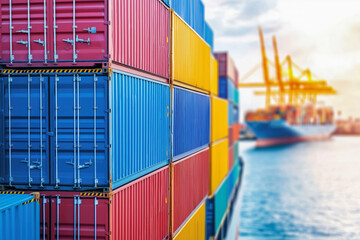 Fototapeta premium Stacked Containers. Shipping Port and Cargo Ship