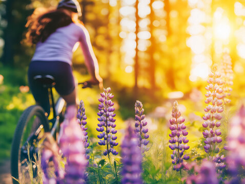 Blurred Background of Woman Biking Through Wildflowers