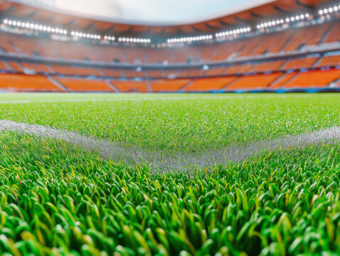 Close-Up View of Soccer Field Grass with Stadium Background