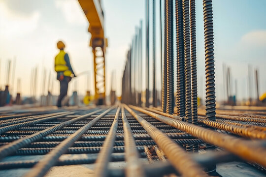 A blurred view of Construction Site with Steel Reinforcement Bars