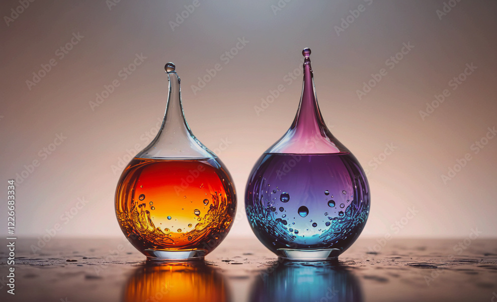 Poster two glass vases with different colored liquids inside. the vases are placed on a table and the color