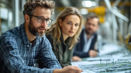 Green energy professionals collaborating on wind farm designs in a clean workspace, innovative teamwork, 8K resolution, copy space