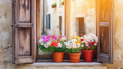 Fototapeta premium Vibrant flowers in full bloom on a rustic wooden window ledge, overlooking a cobblestone street in an old European city