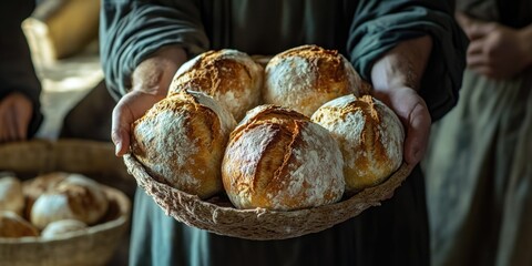 This image showcases a person carrying two large loaves of artisan bread. The loaves appear freshly baked, with a golden crust that suggests a traditional recipe and a natural fermentation process.
