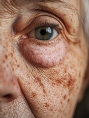 Close-up of older woman with a focused gaze, showcasing the natural effects of aging on human skin and facial features.