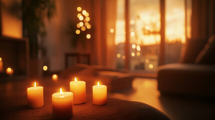 Warm Cozy Evening Candlelight Atmosphere Home Relaxation Peaceful Sunset View Room Soft Bokeh Brown 