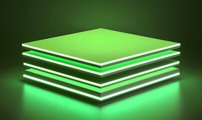 Green neon layered platform, dark studio, product display