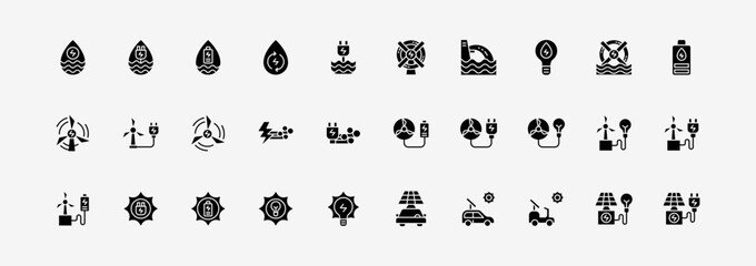 Obraz premium Renewable energy icon set glyph icon. Include solar panel, wind energy, water energy, recycle, innovation energy. Colourful gradient flat icon pack.