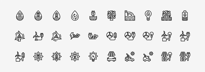 Renewable energy icon set line icon. Include solar panel, wind energy, water energy, recycle, innovation energy. Outline icon pack.