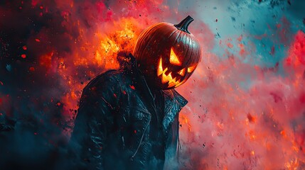 Fototapeta premium A man with a jack-o'-lantern head wearing a leather jacket on a graffiti background with splashes of orange and pink colors is a Halloween urban street art fashion poster design.