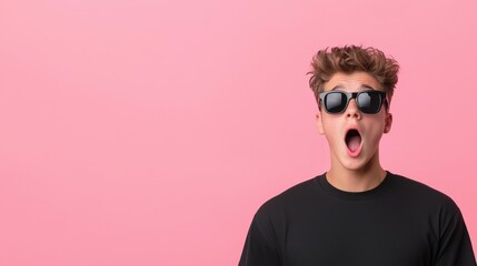 Fototapeta premium Young man wearing sunglasses with a neutral background showcasing modern casual style and confidence