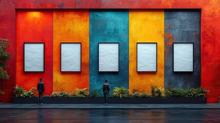 a modern urban street scene with a colorful geometrical wall and four white glued wrinkled poster templates. a modern mockup for design presentation, creative gray orange urban city background.