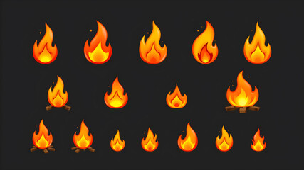 Glossy burning flame of fire 3D icons set. Vector render bonfire or campfire emoji isolated. Different sizes and shapes of flame with sparks, degrees combustion of fire. Generative AI