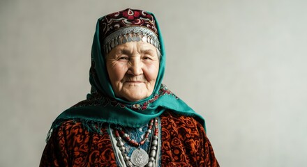 Obraz premium Traditional elderly woman in cultural attire with ornate patterns and jewelry