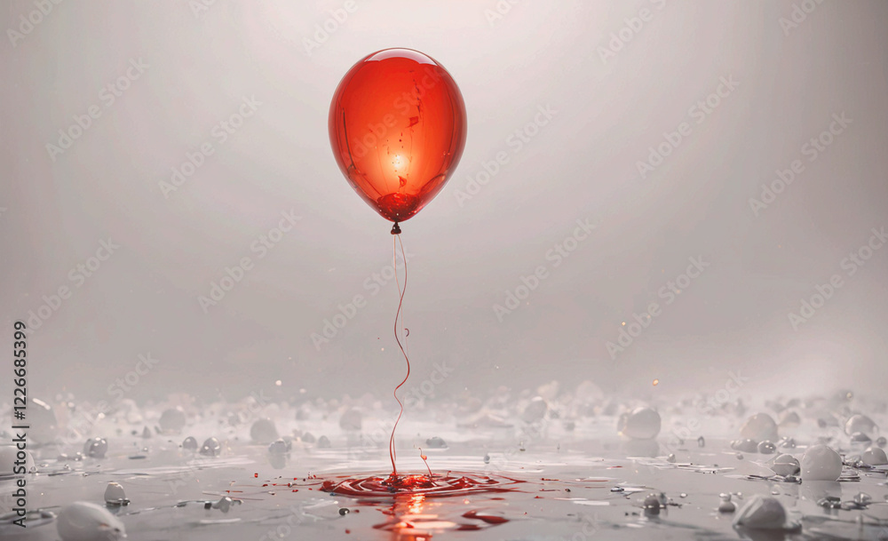 Poster a red balloon is floating in the air above a body of water. the scene is dark and moody, with the ba