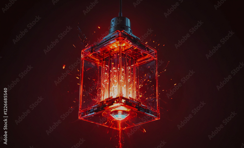 Poster a red cube shaped lamp with a light inside. the light is glowing and casting a warm, inviting glow o