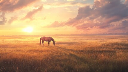 Majestic Horse Grazing in Serene Meadow During Sunset Glow