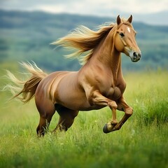 Obraz premium A muscular horse galloping through a lush green field under a cloudy sky.