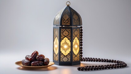 Ramadan food and drinks concept. Ramadan Lantern with arabian lamp, wood rosary, dates fruit and lighting on white background