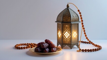 Ramadan food and drinks concept. Ramadan Lantern with arabian lamp, wood rosary, dates fruit and lighting on white background