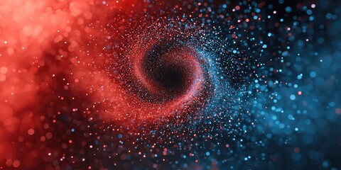 A mesmerizing swirl of red and blue particles, creating a cosmic vortex effect in a vibrant, starry background.