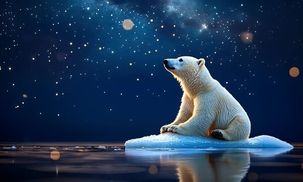 Polar bear ice floe Arctic night stars hope