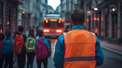 Worker in Safety Vest Overseeing Students Near City Streetcar