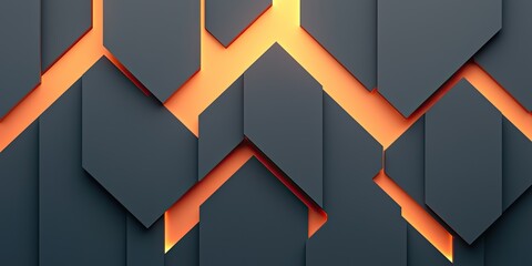 A modern abstract design featuring layered geometric shapes in dark tones with striking orange accents, creating a dynamic visual effect.