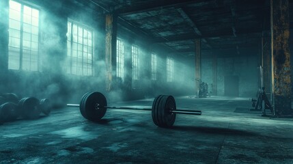 Abandoned gym; barbell rests; smoky, industrial warehouse; fitness imagery